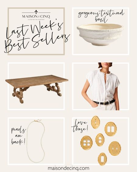 Last week’s best sellers include gorgeous brass switch plates, the prettiest textured bowl, cute spring tops, French style coffee table, and more!

#homedecor #springdecor #coffeetable #springoutfit #blouse #necklace #pearlnecklace 

#LTKfindsunder50 #LTKover40 #LTKhome