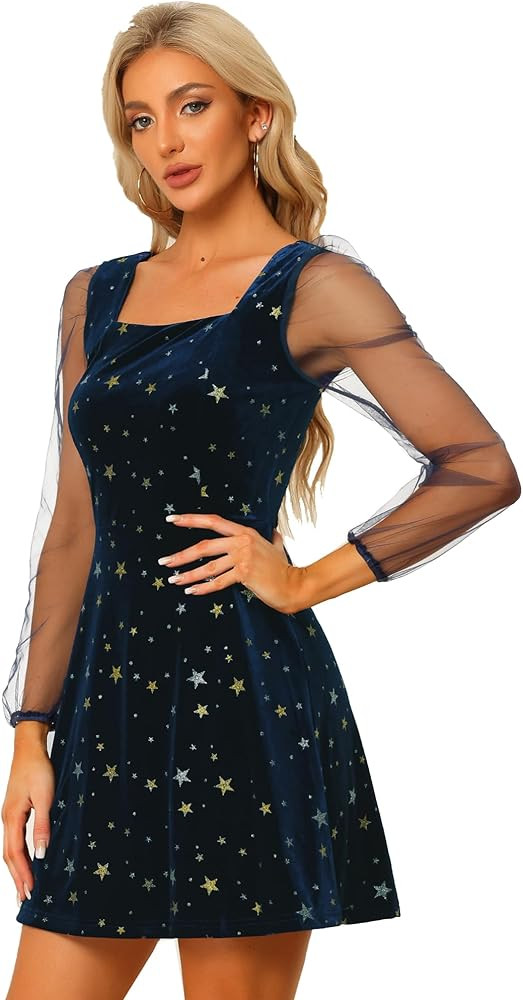 Allegra K Women's Sparkly Glitter Velvet Mesh Sheer Sleeve Star Metallic Dress | Amazon (US)