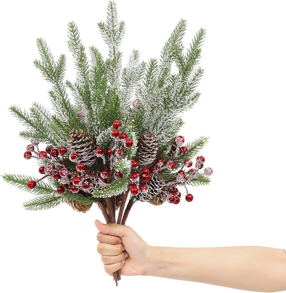 Topotdor 4 Pack Christmas Red Berry Stems Floral Picks 16.5" Snowy Christmas Pine Branches w/Berr... | Amazon (US)