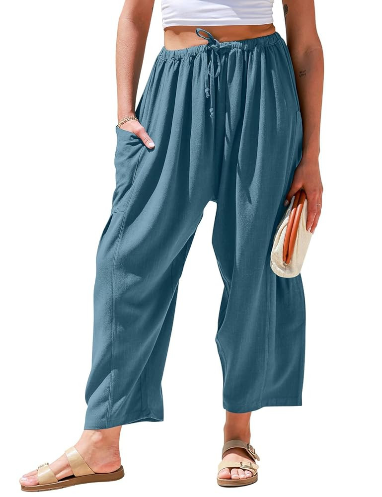 TARSE Womens Linen Wide Leg Pants Casual Loose Drawstring Summer Beach Travel Vacation Palazzo Ha... | Amazon (US)
