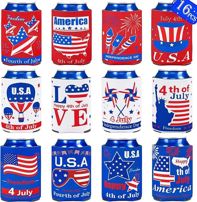 16PCS 4th/Fourth of July Decorations Can Cooler Sleeves Koozies for Independence Day Memorial Day... | Amazon (US)