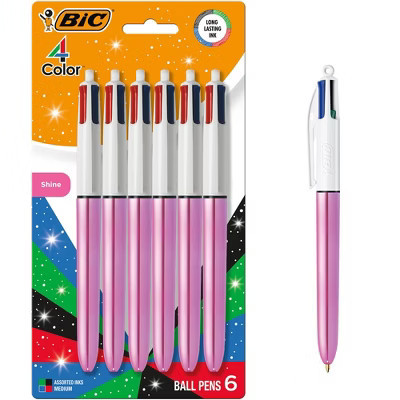 BIC 4 Color Shine Retractable Ballpoint Pen, Versatile 1.0 mm Point, Long-Lasting Ink, 6-Count in Assorted Colors | Target