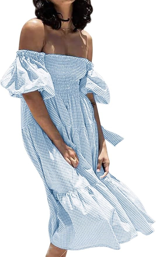 R.Vivimos Women's Summer Cotton Plaid Puff Sleeves Bow Casual Off-Shoulder Boho Midi Dress | Amazon (US)