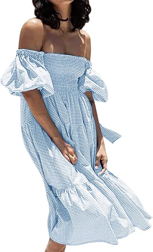 R.Vivimos Women's Summer Cotton Plaid Puff Sleeves Bow Casual Off-Shoulder Boho Midi Dress | Amazon (US)