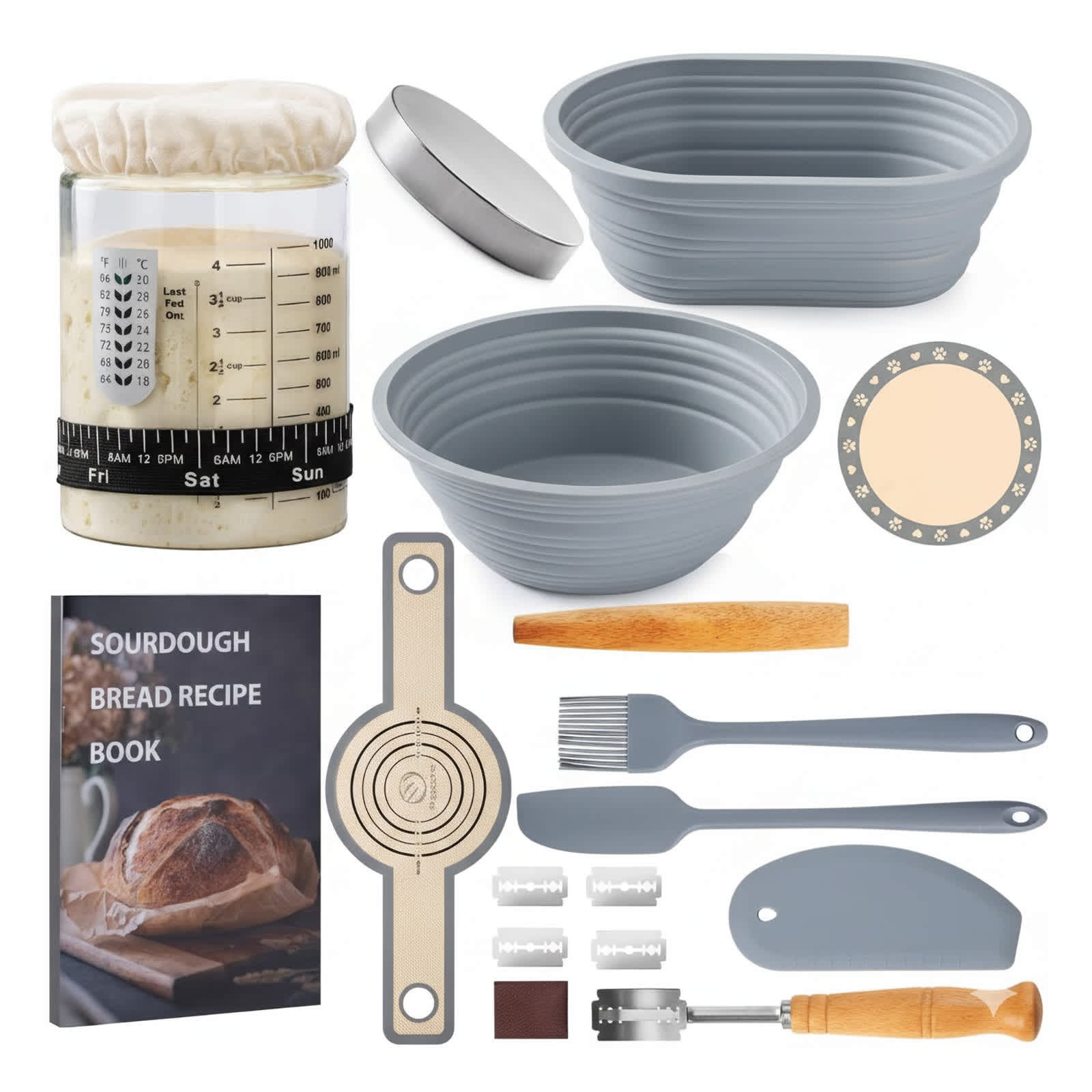 Etokfoks Sourdough Starter Kit with 40oz Jar 9 Round 10 Oval Silicone Proofing Baskets Bread Baking Tools and Silicone Sling one_size in Gray | Lowe's