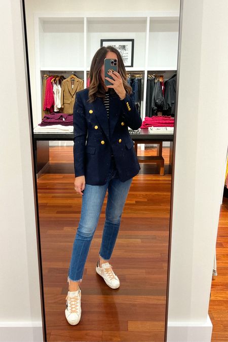 Blazer in size 2. 
Jeans tts (rise is 9.75 so more like a high rise than mid)  Golden goose old, linking similar. 

#LTKSeasonal #LTKstyletip #LTKsalealert