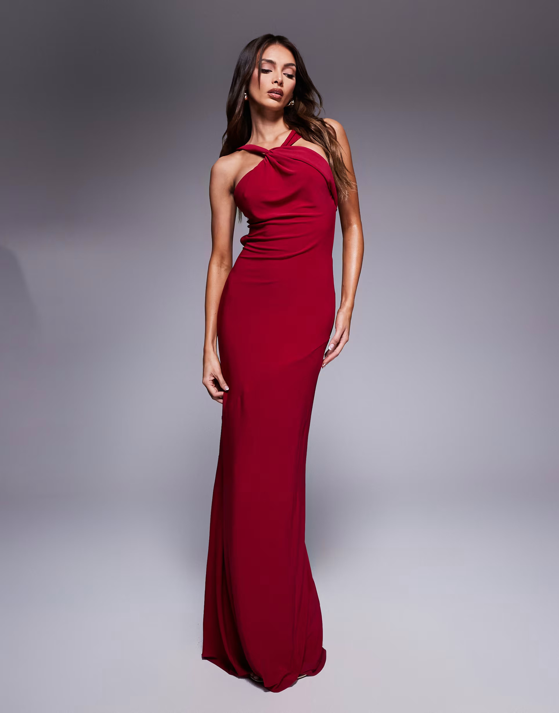 ASOS DESIGN halter maxi dress with knotted back trim detail in red | ASOS (Global)