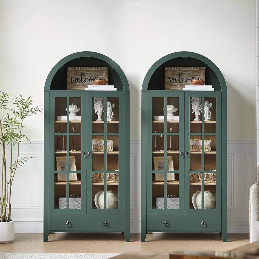 RowyPoey 71" Tall Arched Cabinet Bookshelf with Glass Door & Storage Drawer | Amazon (US)