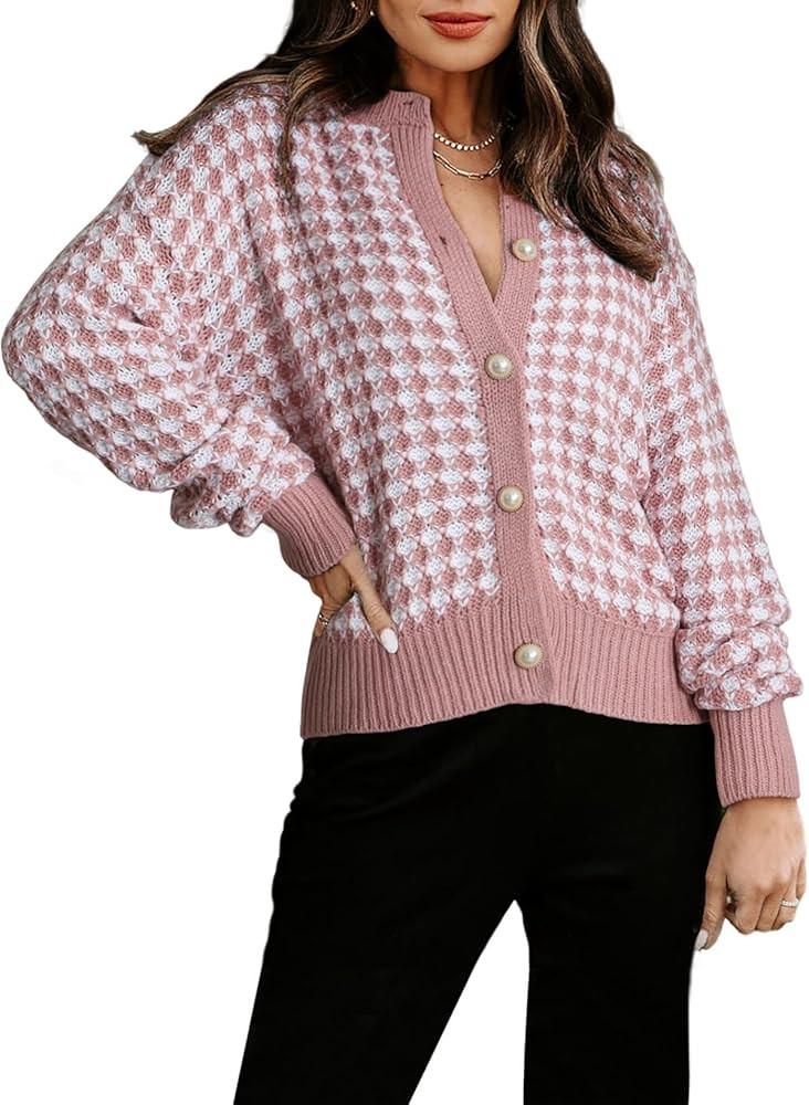 Dokotoo Cardigan Sweaters for Women V Neck Button Down Long Sleeve Plaid Knit Cardigans Sweater T... | Amazon (US)