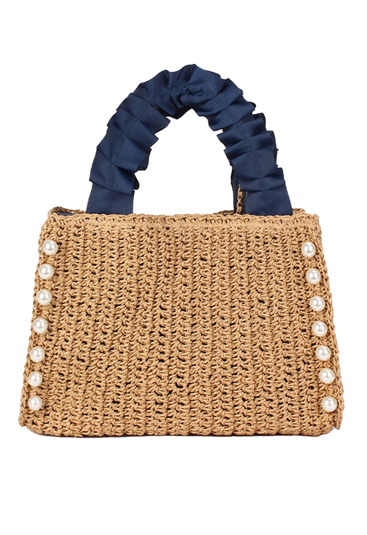 Navy Ruched Handle Pearl Braided Straw Handbag | Chicwish