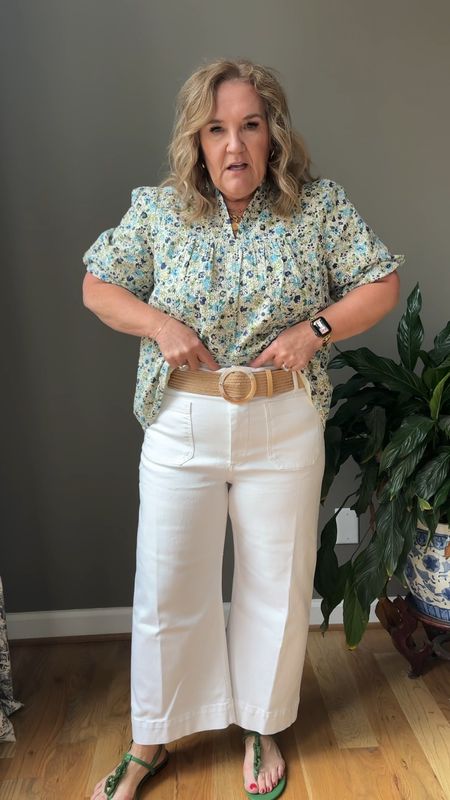 Perfect spring outfit! White jeans sandals and the prettiest eyelet top. Wear out or tucked in. 

Top size XL 15% off with code NANETTE15
Jeans 32 petite 
Sandals tts. Love the pop of color! 
My bag is a beautiful leather tote by Brighton. The quality is 😍

#LTKSeasonal #LTKmidsize #LTKover40