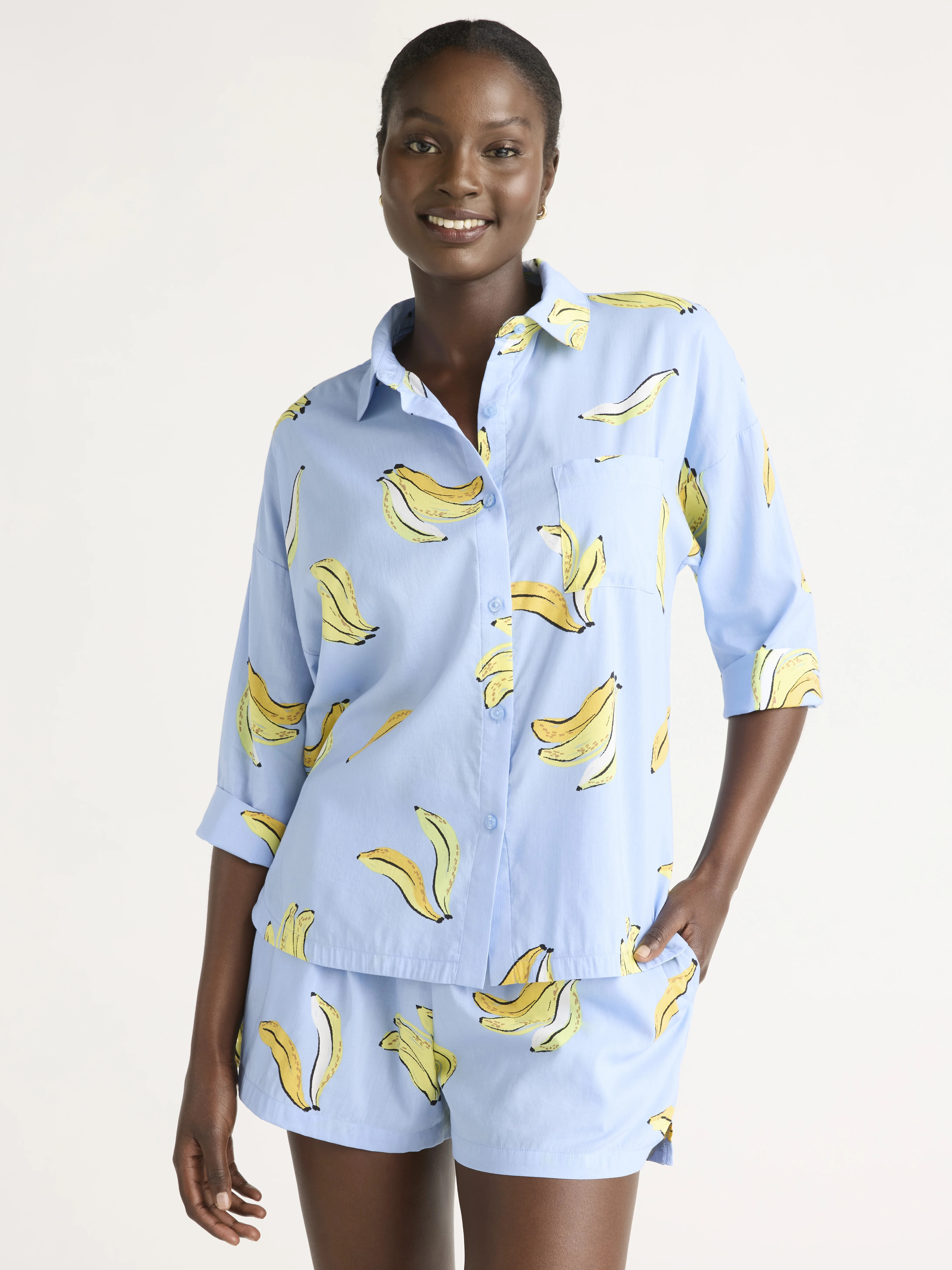 Joyspun Women’s Woven ¾ Sleeve Notch Collar Top and Boxer Shorts Pajama Set, Sizes XS-3X | Walmart (US)