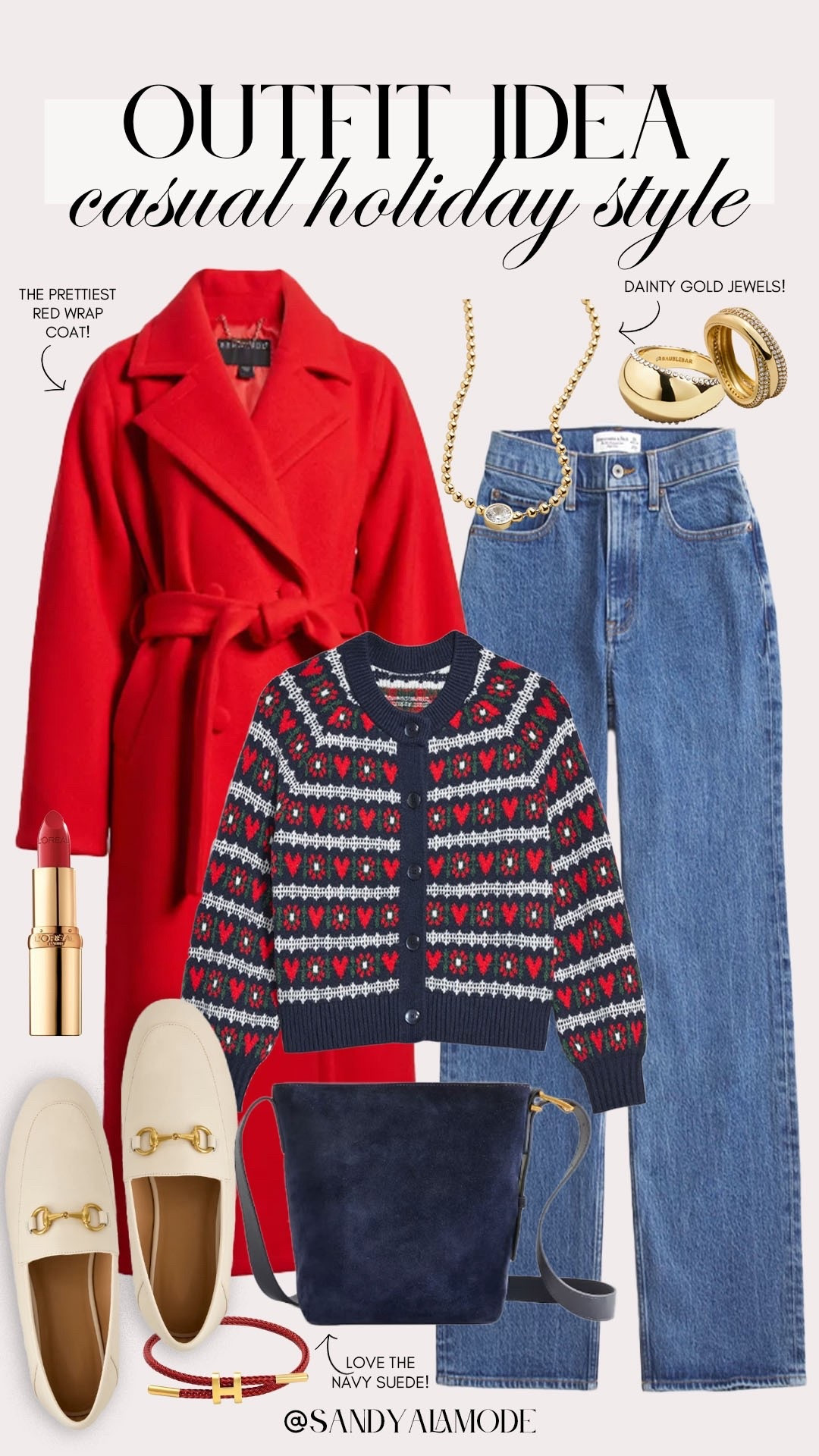 Chic holiday style. Casual holiday outfit. Elevated casual holiday outfit. Red wrap coat. Old navy new arrivals. Old navy holiday sweater. Navy red holiday style. Ivory loafers. Trendy holiday style. Navy suede handbag  

#LTKHoliday #LTKSeasonal #LTKFindsUnder100