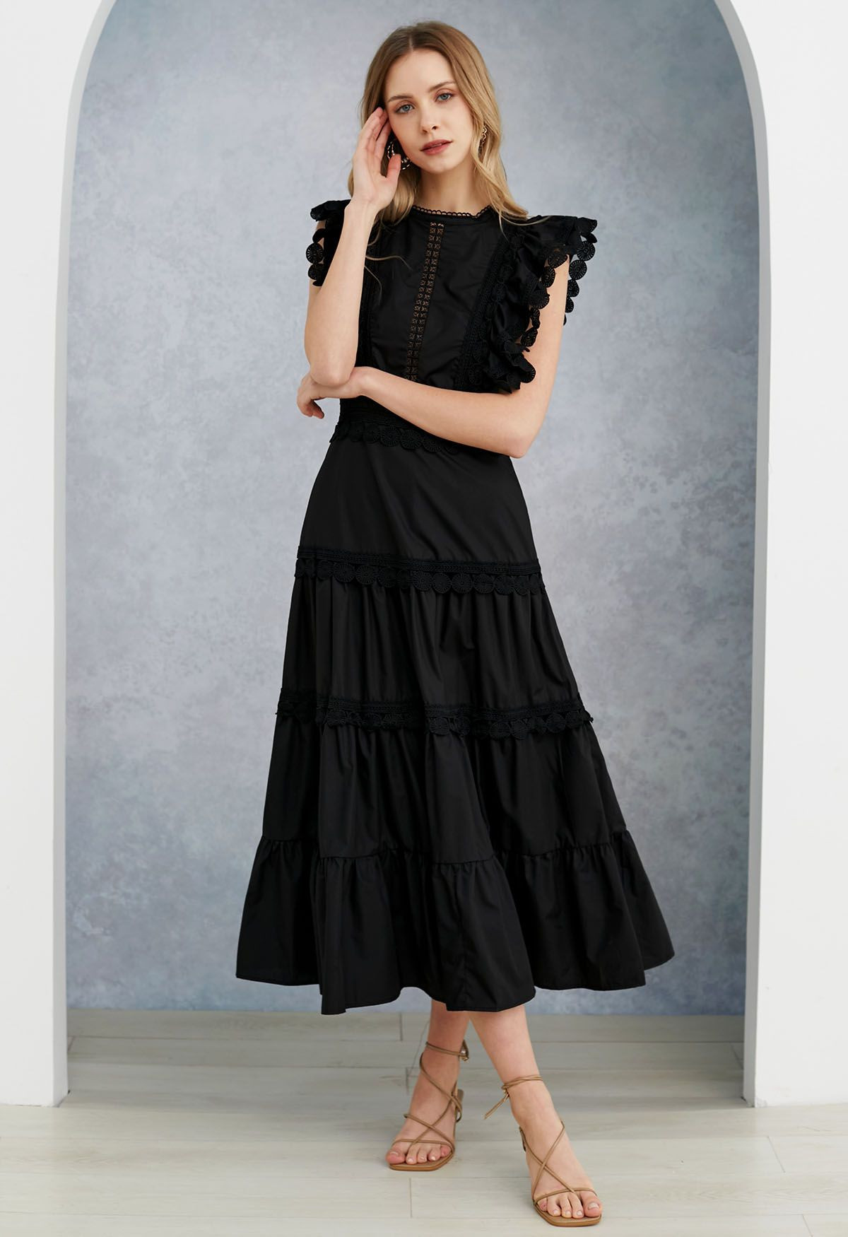 Crochet Trim Sleeveless Midi Dress in Black | Chicwish