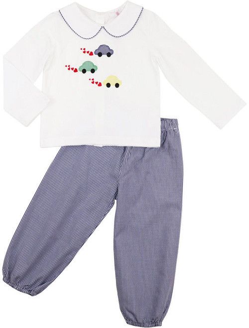 Navy Gingham Applique Valentine Cars Pant Set | Cecil and Lou