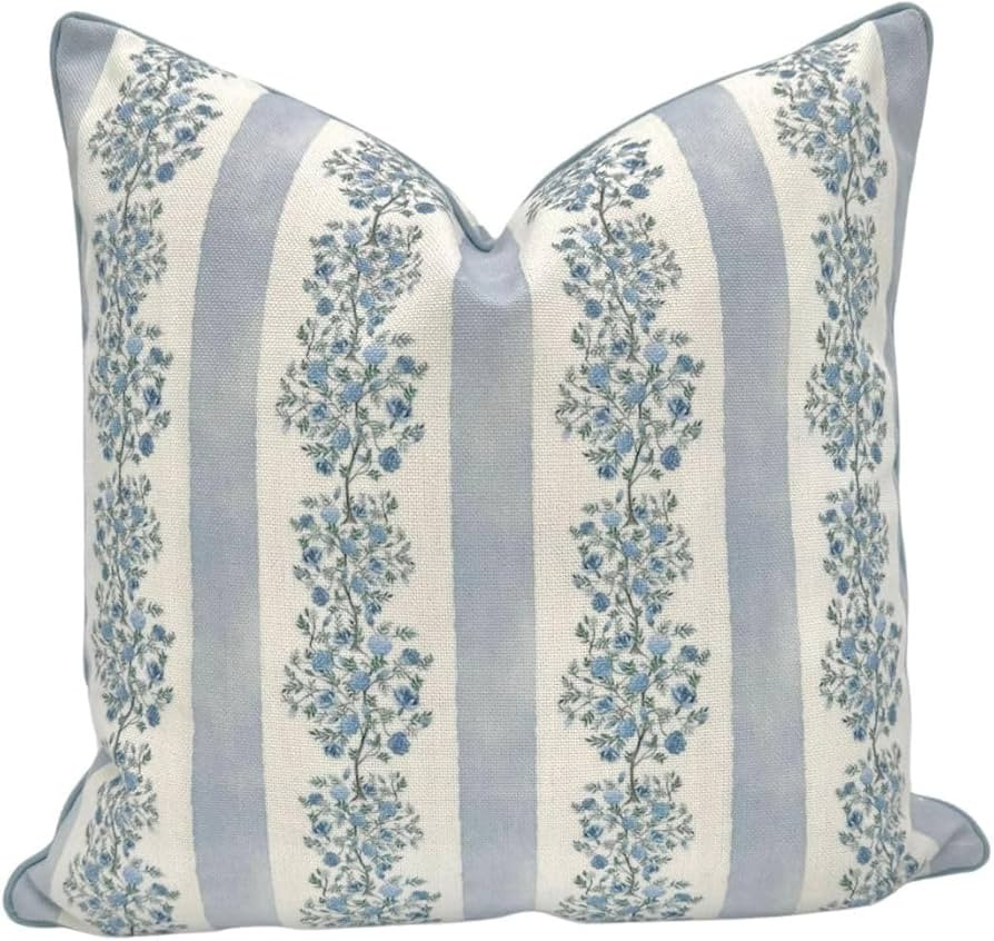 “The Juliet” Floral Block Print Pillow Cover – Soft Blue and Off-White Decorative Throw Pil... | Amazon (US)