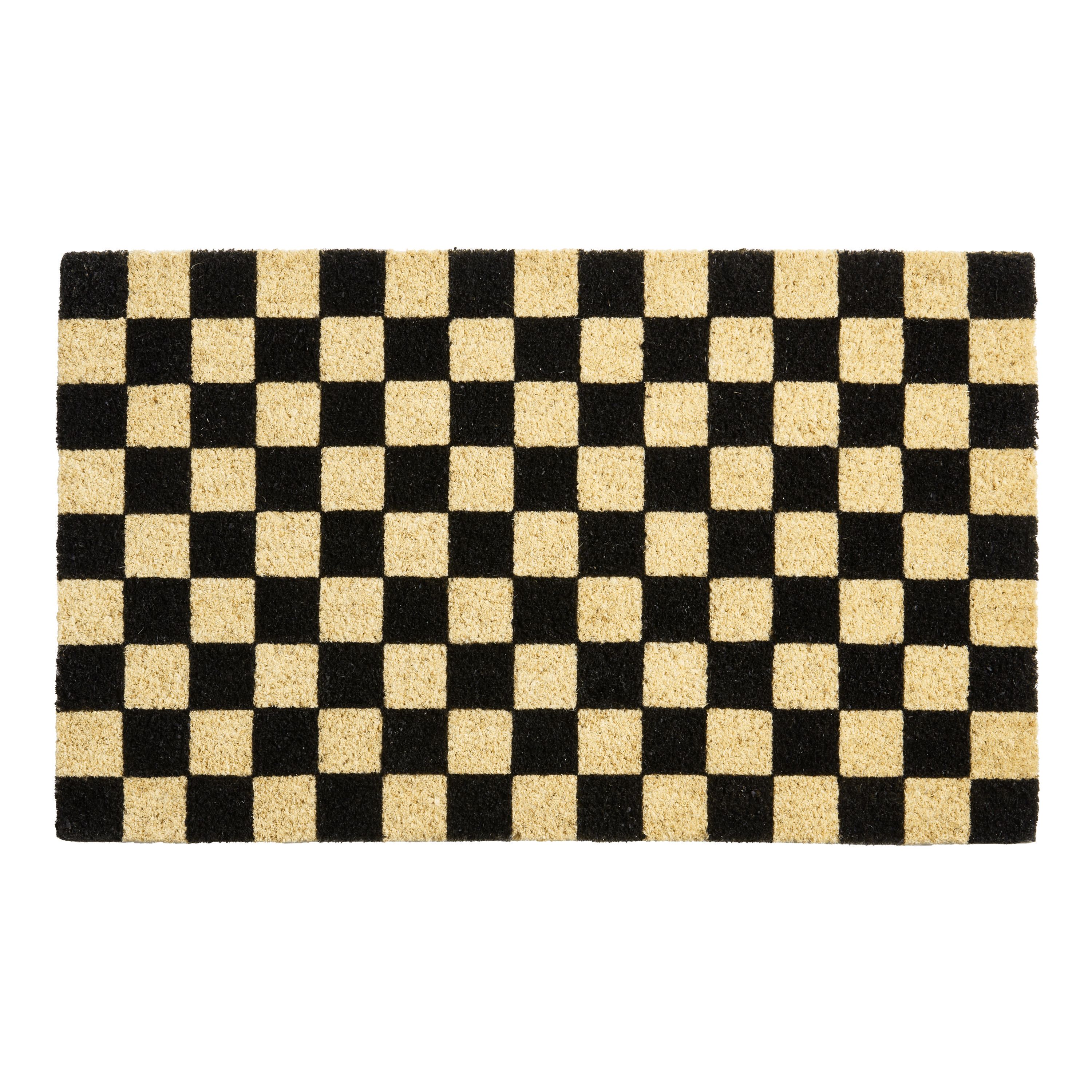 Black and Natural Checkerboard Coir Doormat - World Market | World Market