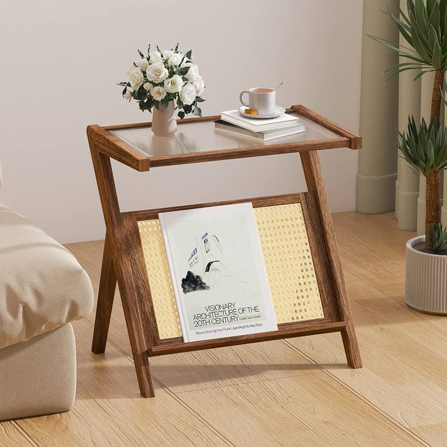 TATOZA Rattan Side Table - Wooden End Table with Glass Top, Perfect Bohemian Style Nightstand for... | Amazon (US)