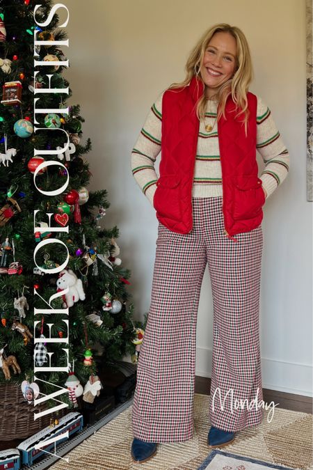 A week of real life, everyday outfit inspiration for your winter and holiday outfits
Love, Claire Lately 

Boden plaid pants, red puffer vest, stripe sweater, gold earrings and necklace, blue Matisse caty boots 

#LTKstyletip #LTKSeasonal #LTKworkwear