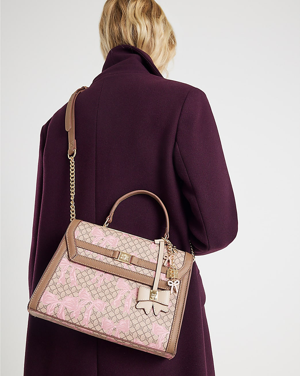Beige Monogram Bow Print Charm Tote Bag | River Island UK & IE