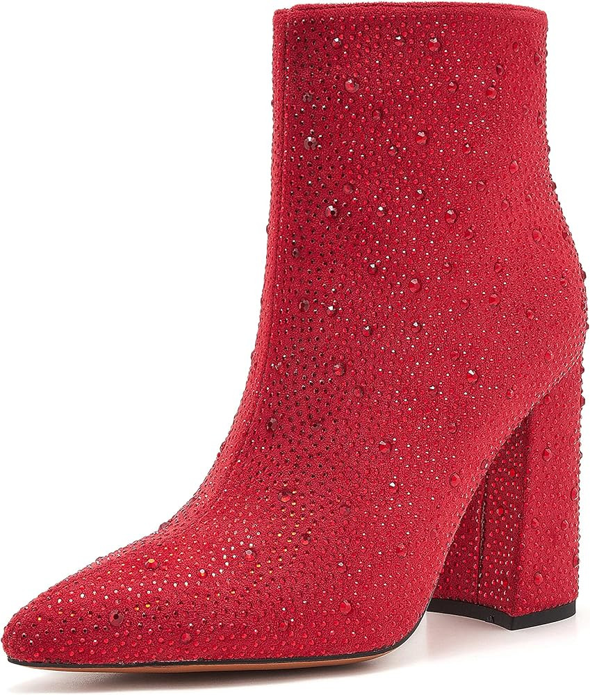 ZXHYZLZ Women's Sparkling Rhinestone Ankle Boots with Pointed Toe and Block Heel | Amazon (US)