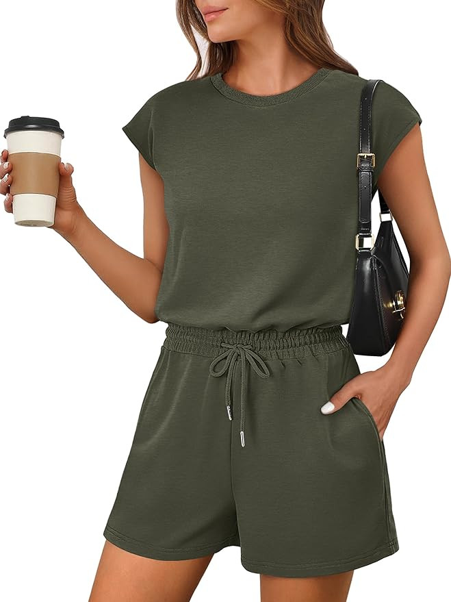 ANRABESS Rompers for Women Summer 2026 Casual Cap Sleeve Crewneck Drawstring One Piece Jumpsuit O... | Amazon (US)