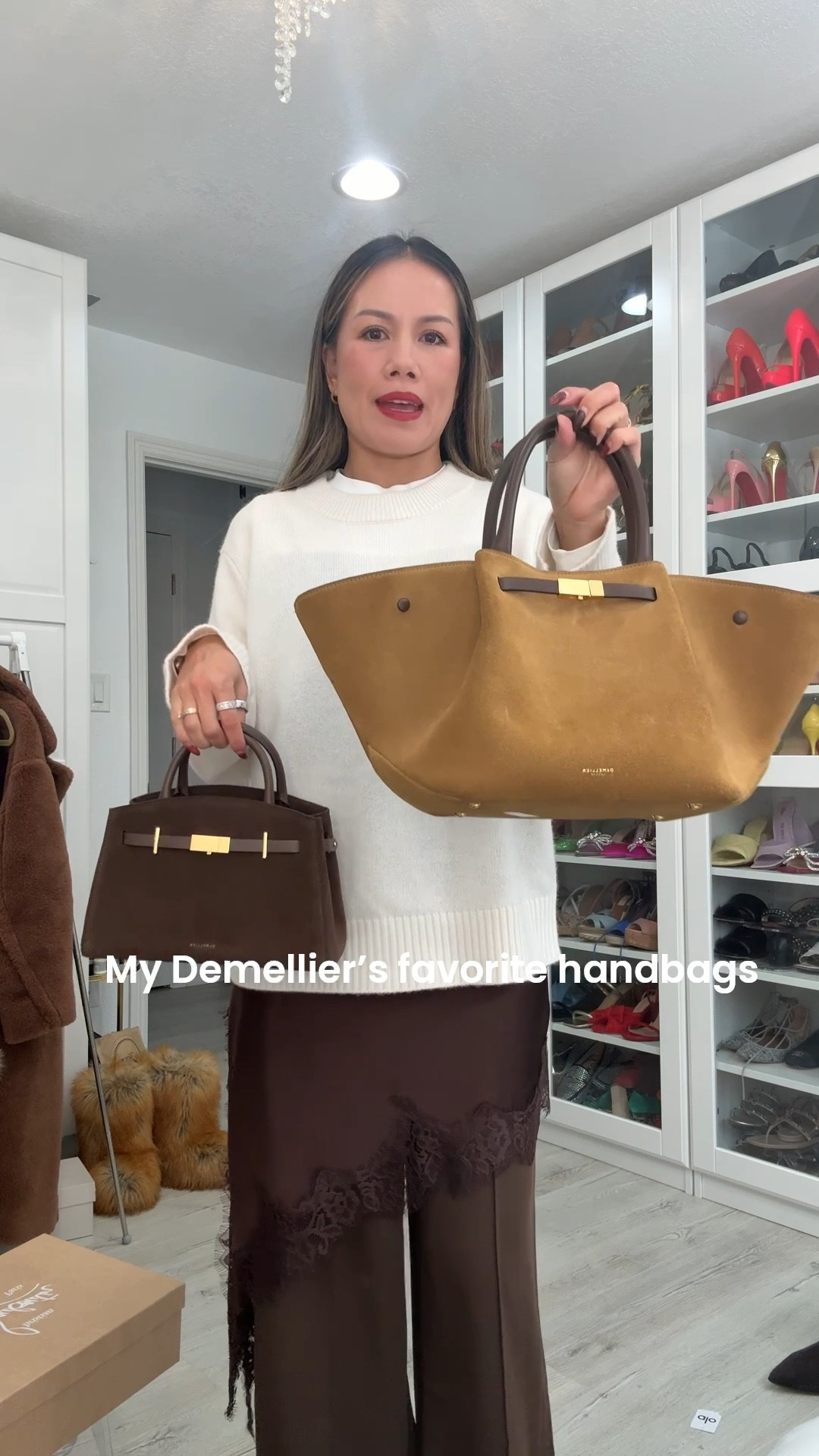 Favorite bags from Demellier. Also, loving the satin lace top layering under oversized cashmere sweater and over pants. 

#LTKootd #LTKValentine