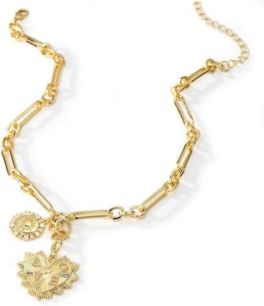 Chunky Gold Charm Necklace for Women,18K Gold Plated Charm Necklace with Heart, Sun, Moon, Evil E... | Amazon (US)