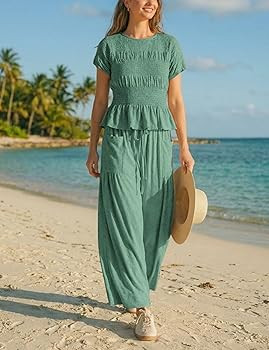 Antnation Womens 2 Piece Smocked Top Wide-Leg Pants Set High-Waisted Lounge Outfit with Pockets C... | Amazon (US)