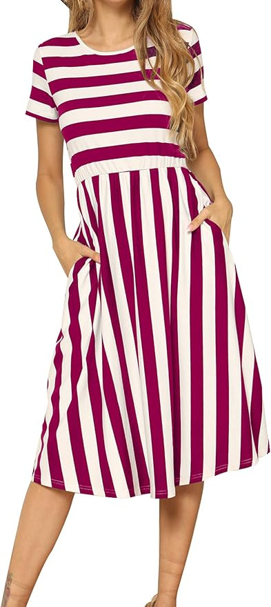 levaca Women's Casual Short Sleeve Striped Swing Midi Dress with Pockets | Amazon (US)
