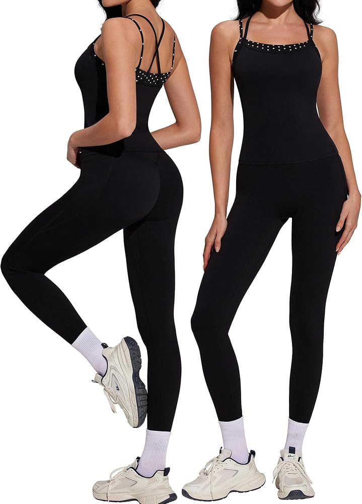SUUKSESS Women 2 Piece Double Layer Workout Sets Tummy Control Leggings with Pockets Built in Bra... | Amazon (US)