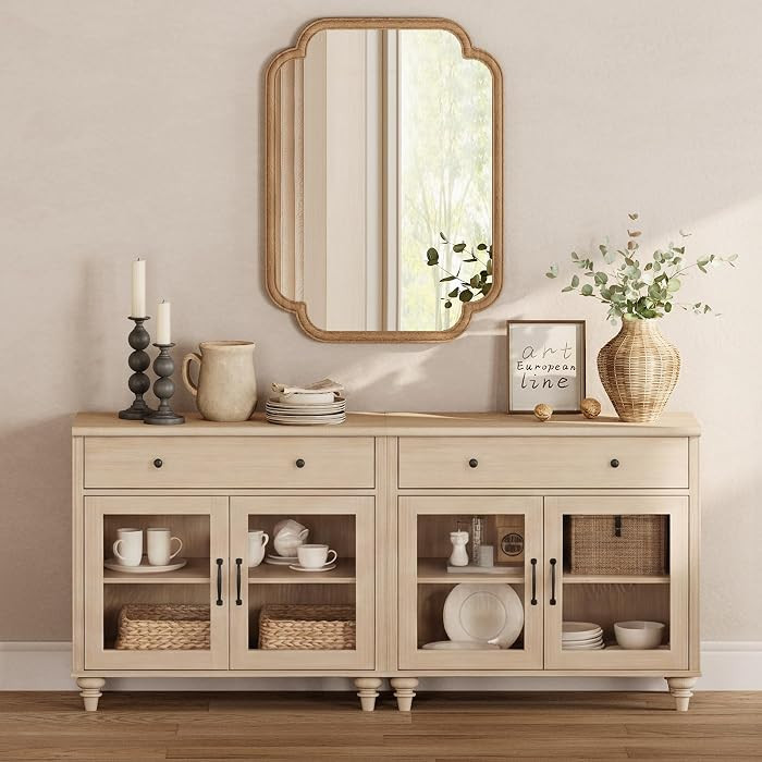 WAMAPT Sideboard Buffet Cabinets with 4 Glass Doors, Kitchen Storage Cabinets, Wooden Coffee Bar ... | Amazon (US)