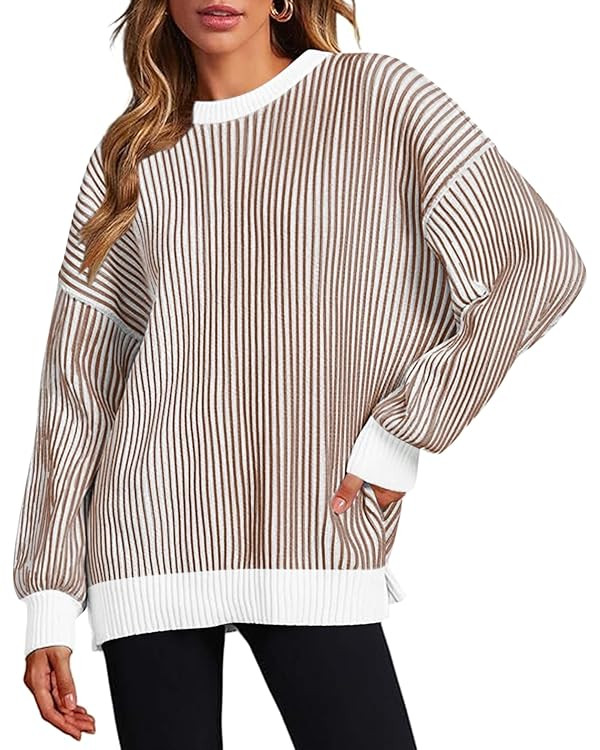 Zeagoo Women 2024 Winter Oversized Sweater Crew Neck Long Sleeve Color Block Pullover Rib Knit Bl... | Amazon (US)