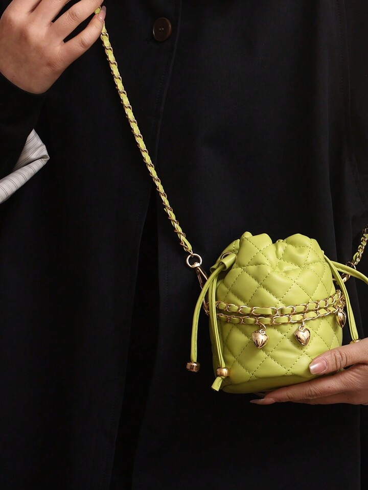 Mini Casual Embroidered Diamond & Grid Patterned Bucket Bag With Drawstring Closure & Chain Strap | SHEIN