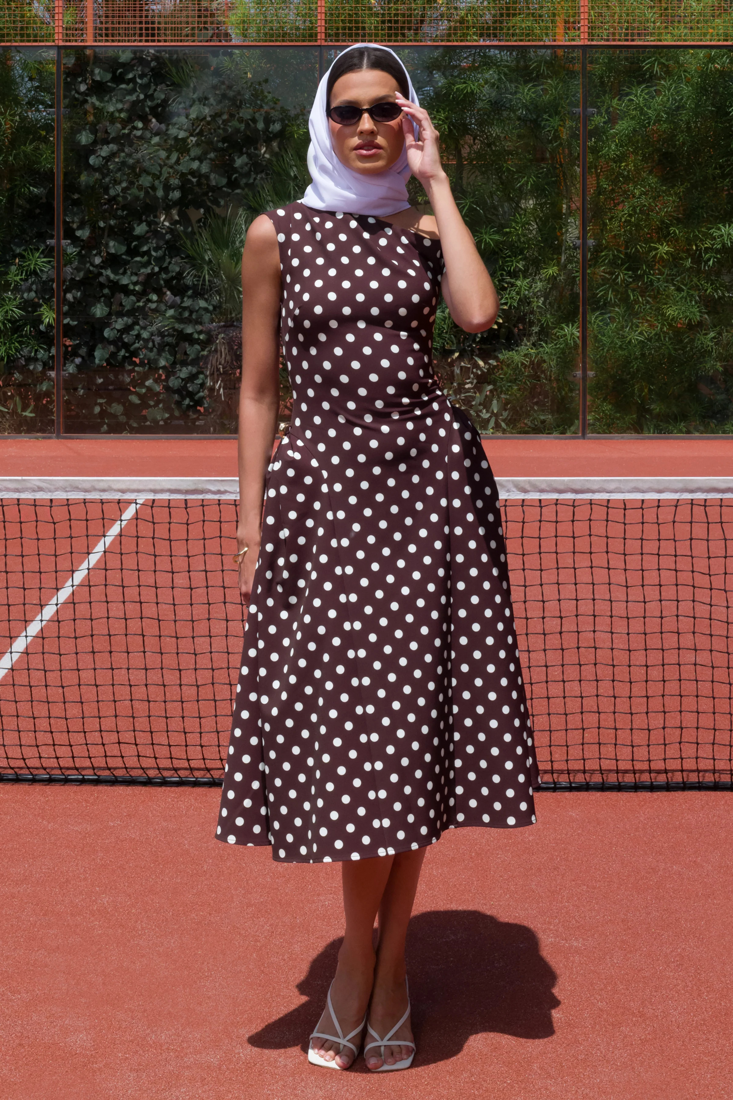 Celosia | Brown Polka-Dot Asymmetric-Neck Midi Dress With Gold-Detailing | Club L London