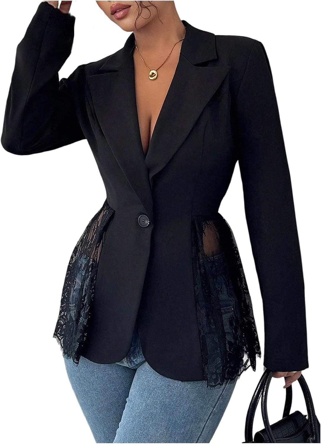 Floerns Women's Lace Button Down Blazers Long Sleeve Lapel Collar Business Casual Work Suit Jacket | Amazon (US)