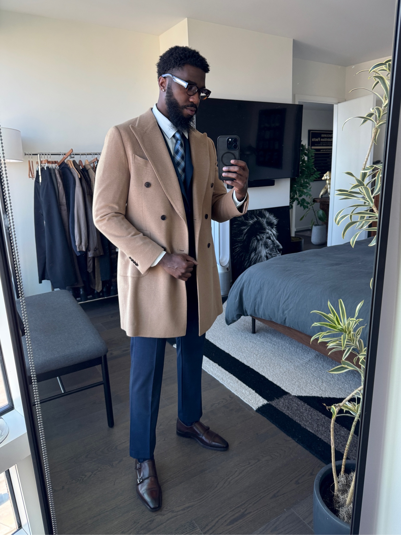 Camel coat outfit with navy blue suit and brown double monk straps. Links to all items down below ⬇️ !

#LTKMens #LTKStyleTip