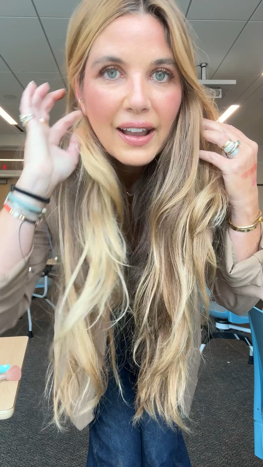 Hair is t3 hot rollers + Académie Hair Sea Glass (use code LOVEYOURHAIR for 15% off)
Gloss is Honey Moon 
Prada lipstick in Tiepolo 
Hourglass lip liner in TEMPT
Kosas eyeshadow in Embered 
YSL blush in Honey Moon
Jeans: 27
Blazer: medium 
Vest: medium 
Loafers: TTS

#LTKdayinmylife #LTKWorkwear #LTKBeauty