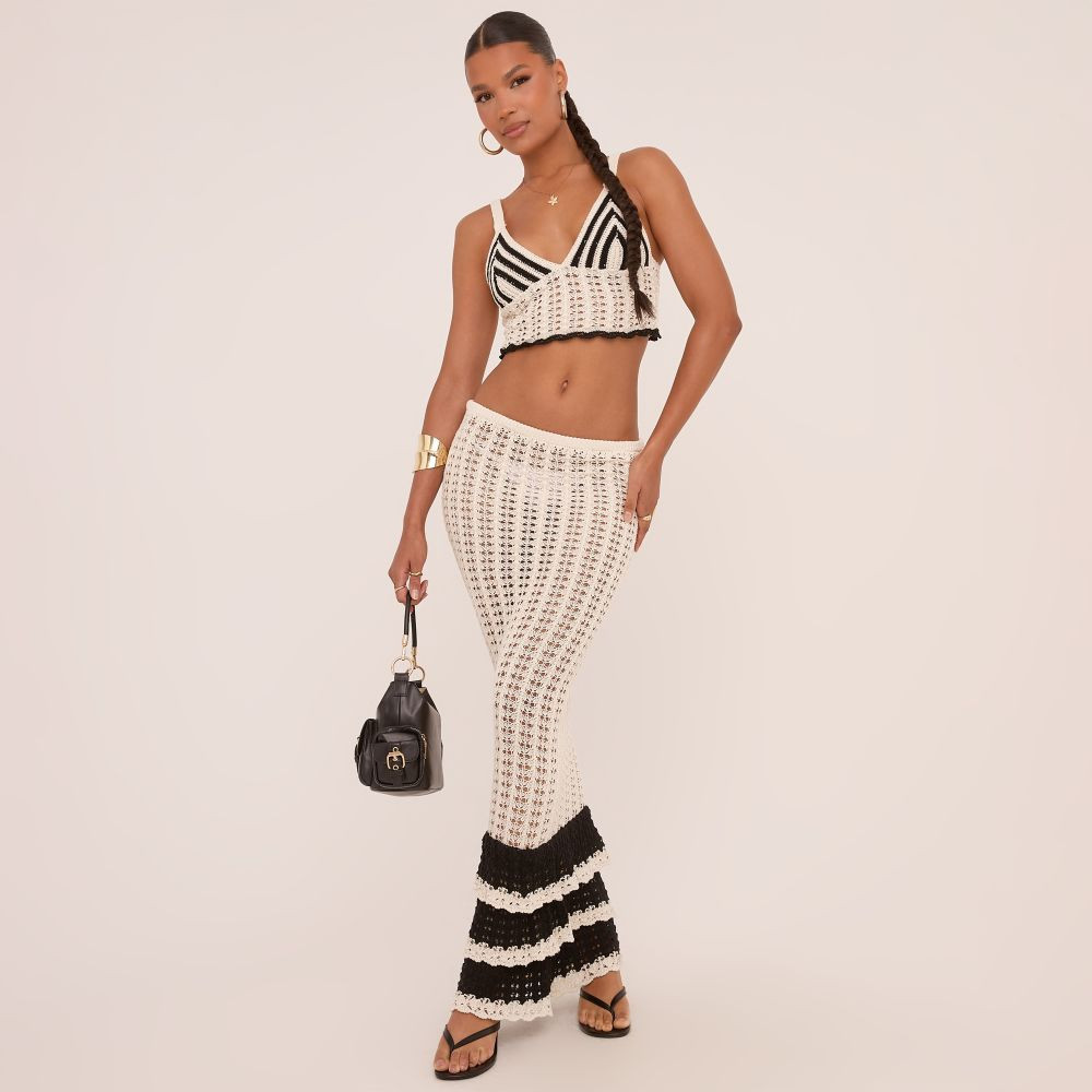Low Rise Contrast Scalloped Hem Maxi Skirt In Cream Crochet Knit | EGO Shoes (US & Canada)