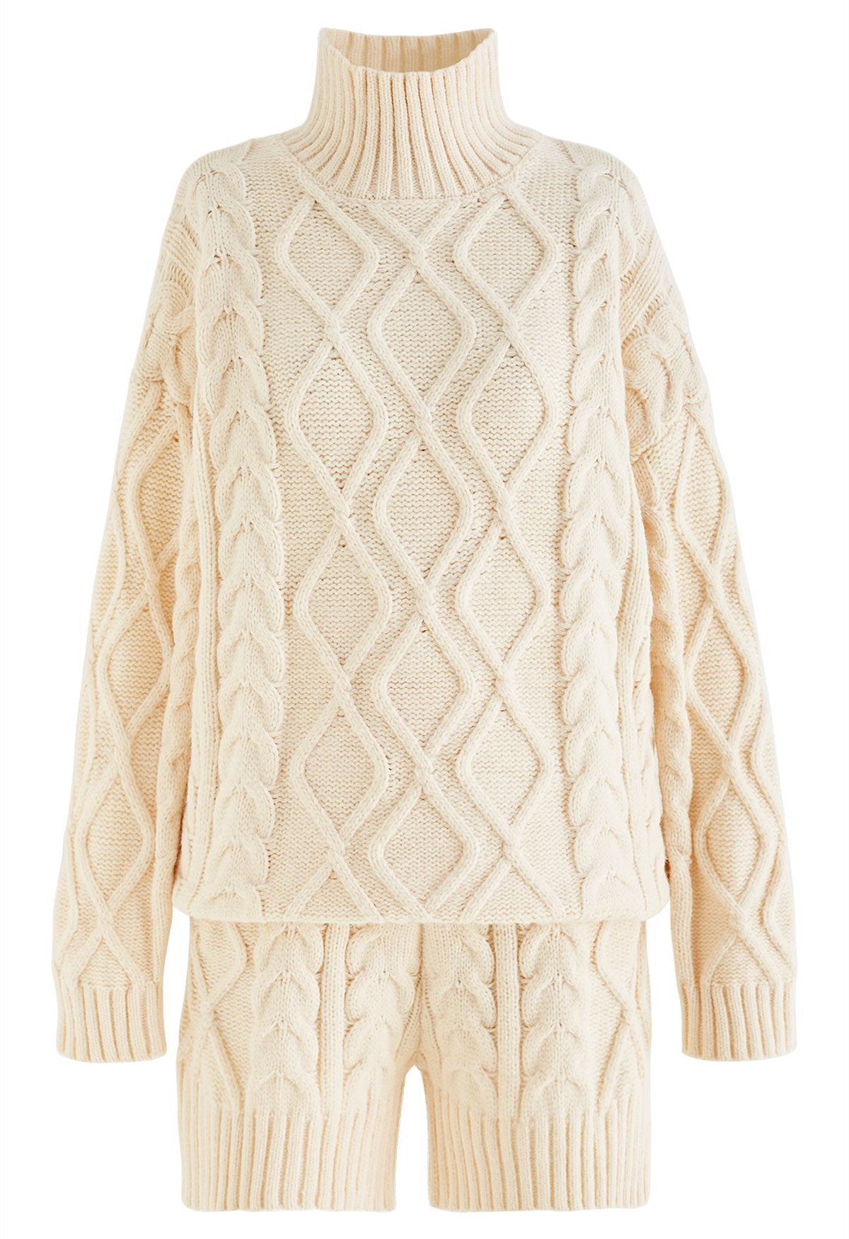 High Neck Braided Knit Sweater and Shorts Set in Cream | Chicwish