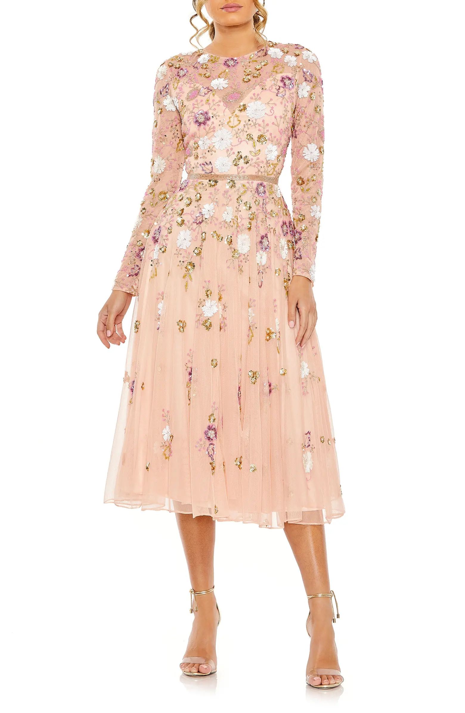 Mac Duggal Sequin Floral Long Sleeve Mesh Dress | Nordstrom | Nordstrom