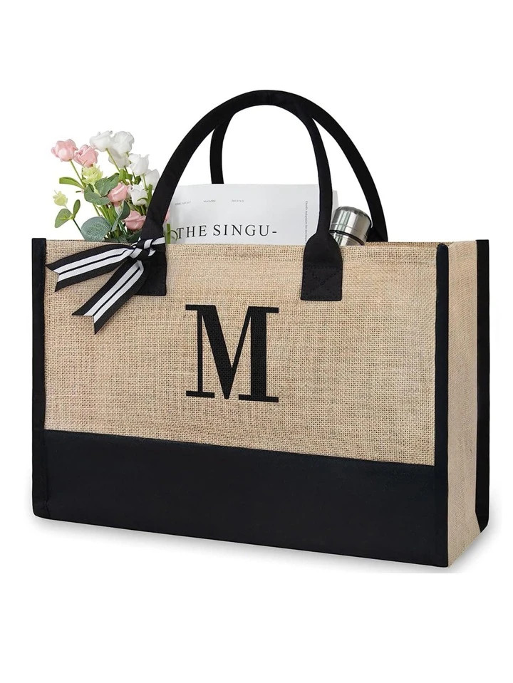 Lightweight,Business Casual Initial Jute/Canvas Tote Bag, Personalized Present Bag, Suitable for ... | SHEIN