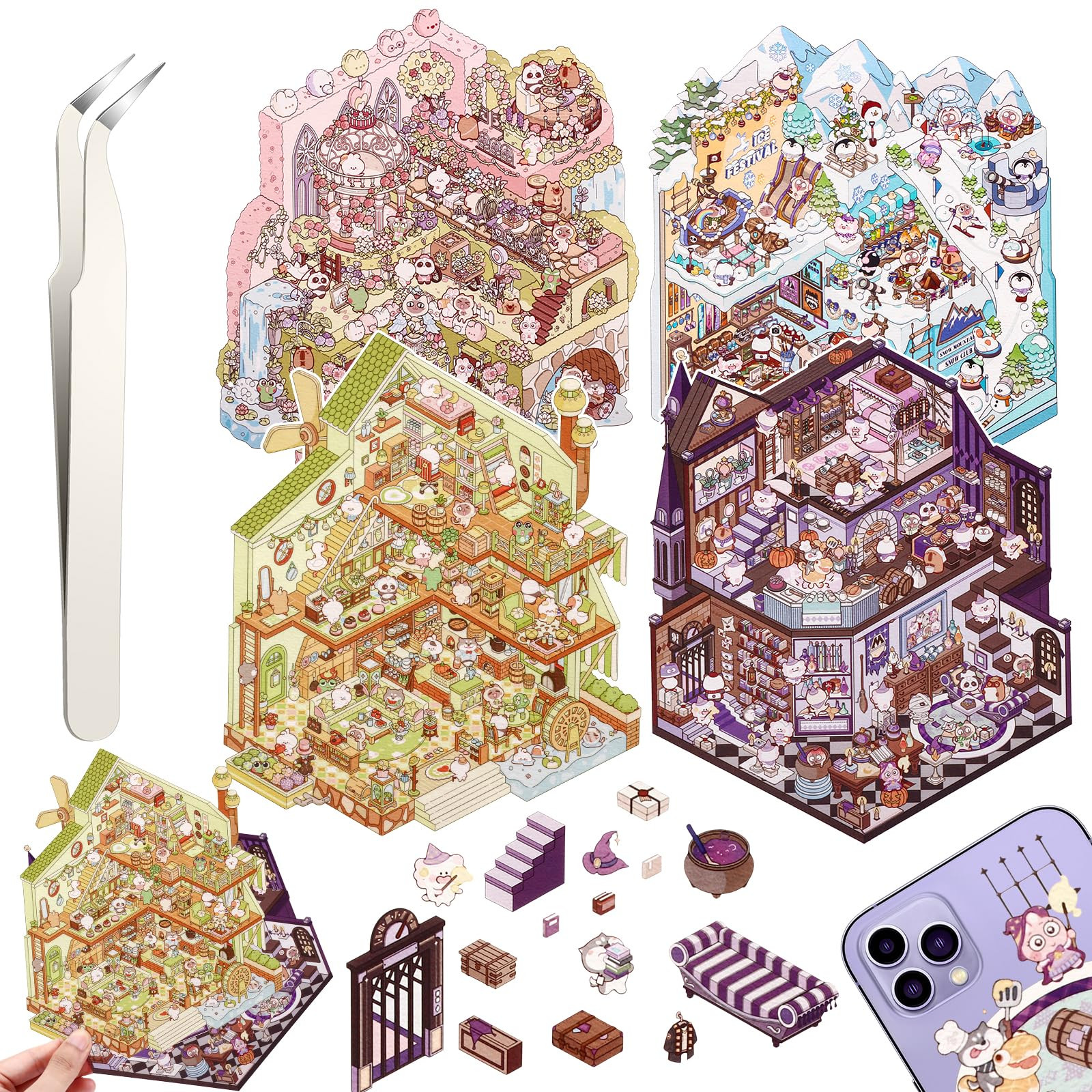DIY 3D House Stickers, 4 Set Fun DIY Stickers Scene Make Your Own Warm Home, Supermarket, Coffee ... | Amazon (US)