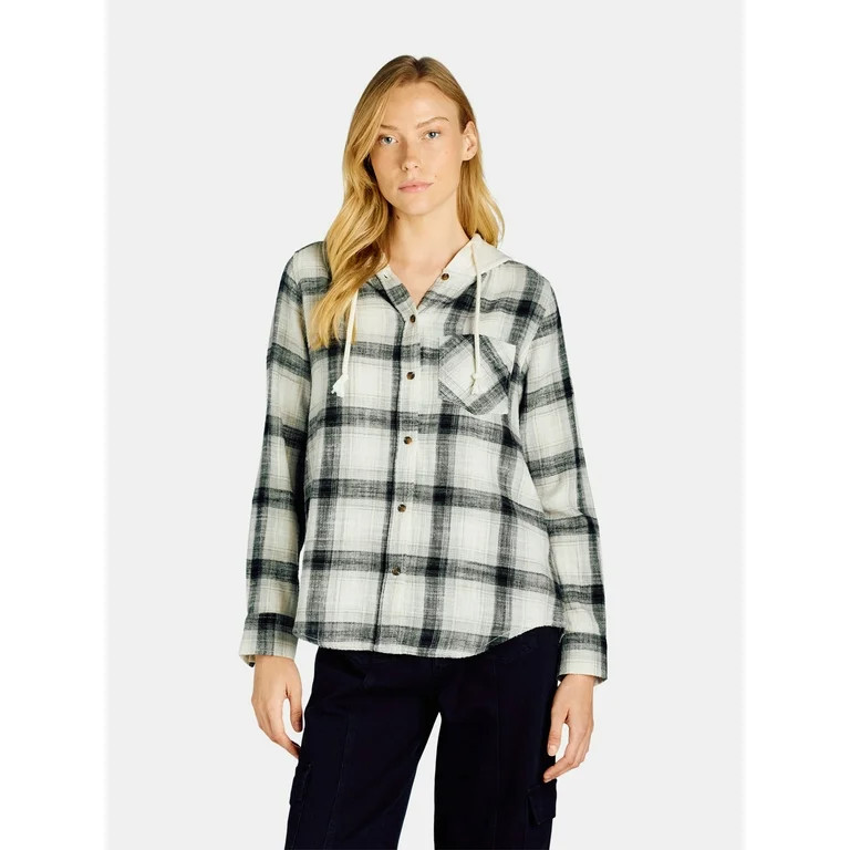 Time and Tru Women's Hooded Flannel Button Down Shirt with Long Sleeves, Sizes XS-XXXL | Walmart (US)