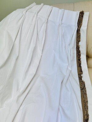 Pair 25 x 100 Custom Drapes Curtain Panel Pleated White + Tan Trim Fringe Lined | eBay US
