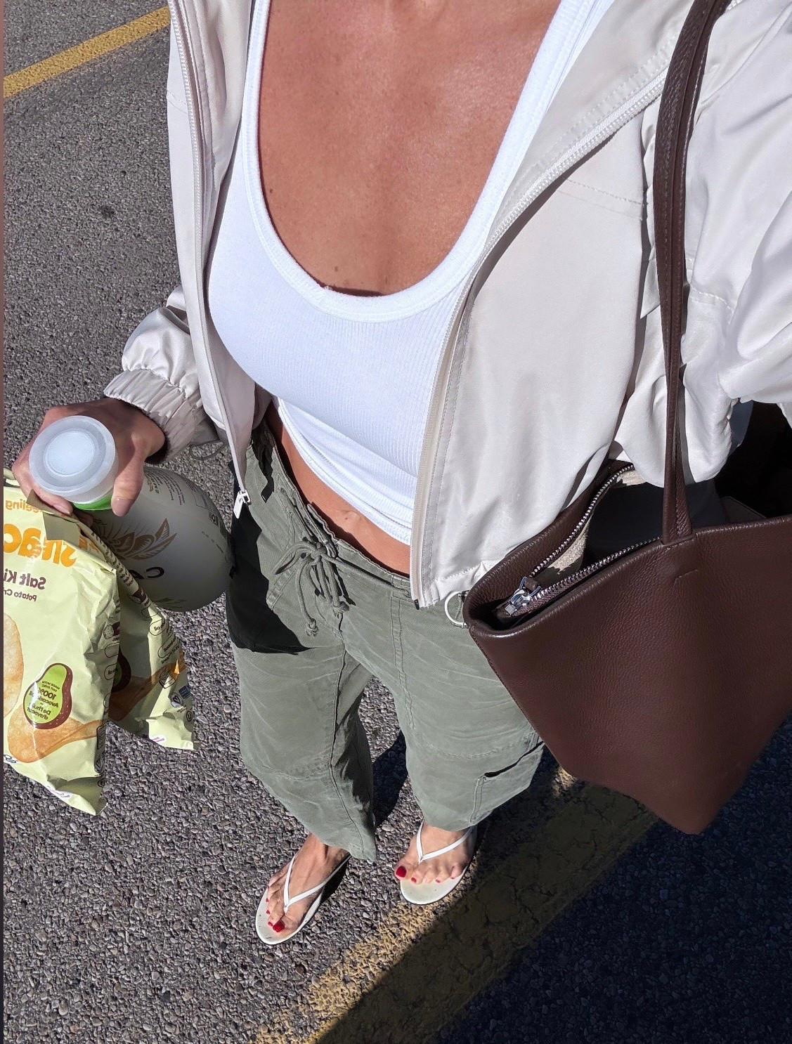 Errand run! Love these pants with flip flops for an easy summer mom outfit. Track jacket is old from Aritzia, linked similar! Love this big Quince tote for fitting all the things!

#LTKsummer #LTKcanada #LTKbag
