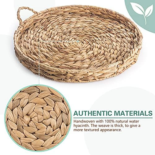 HyakuOku Large Water Hyacinth Ottoman Tray with Handles, 18 inch Round Wicker Tray for Living Room,  | Amazon (US)