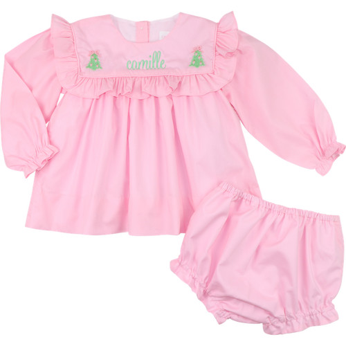 Pink Embroidered Christmas Tree Diaper Set | Cecil and Lou