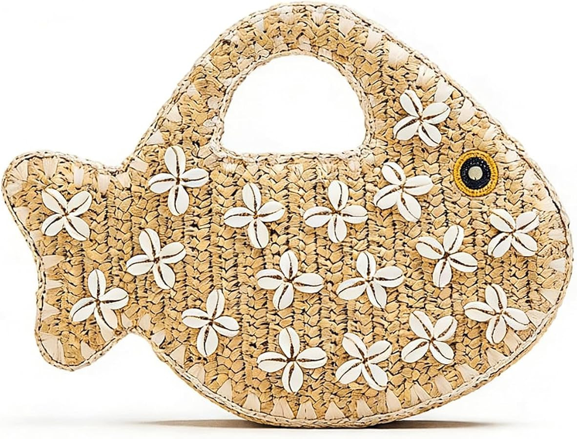 Fish Purse Clutch Straw Woven Fish Shaped Handbag Small Fun Bag Mini Novelty Tote for Women Summe... | Amazon (US)