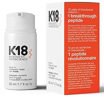 K18 Leave-In Molecular Hair Mask, Repairs Dry or Damaged Hair, Reverse Hair Damage from Bleach, C... | Amazon (US)